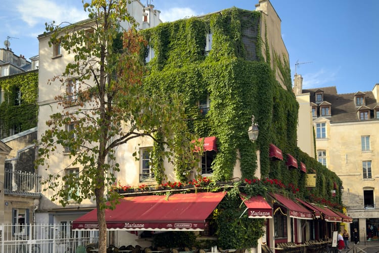 Café aux stores rouges sous une façade couverte de lierre, dans une rue du Marais