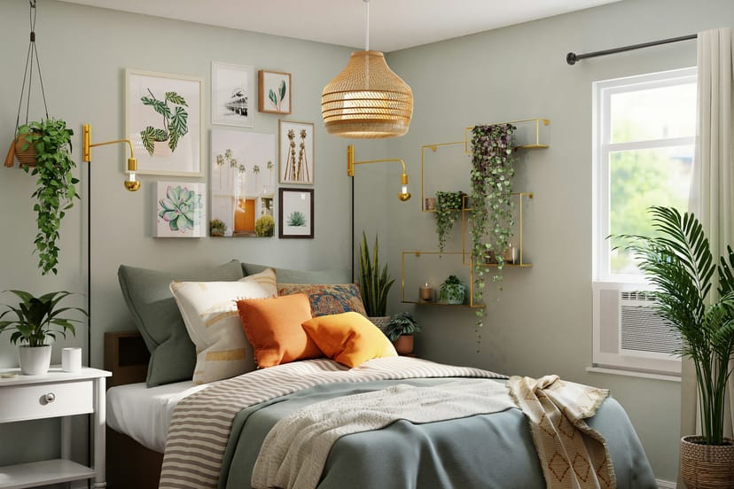 Chambre aux tons doux, lit garni de coussins et plantes grimpantes