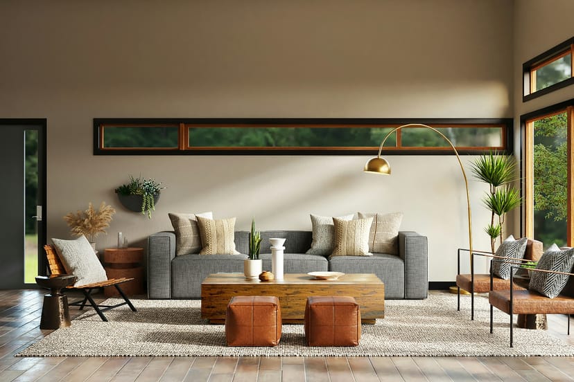 Grand salon sous haut plafond, canapé gris et poufs en cuir